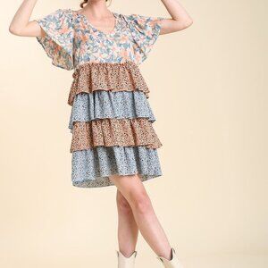 Mixed Floral Print V-Neck Tiered Dress with Flutter Sleeves & Smocked Details